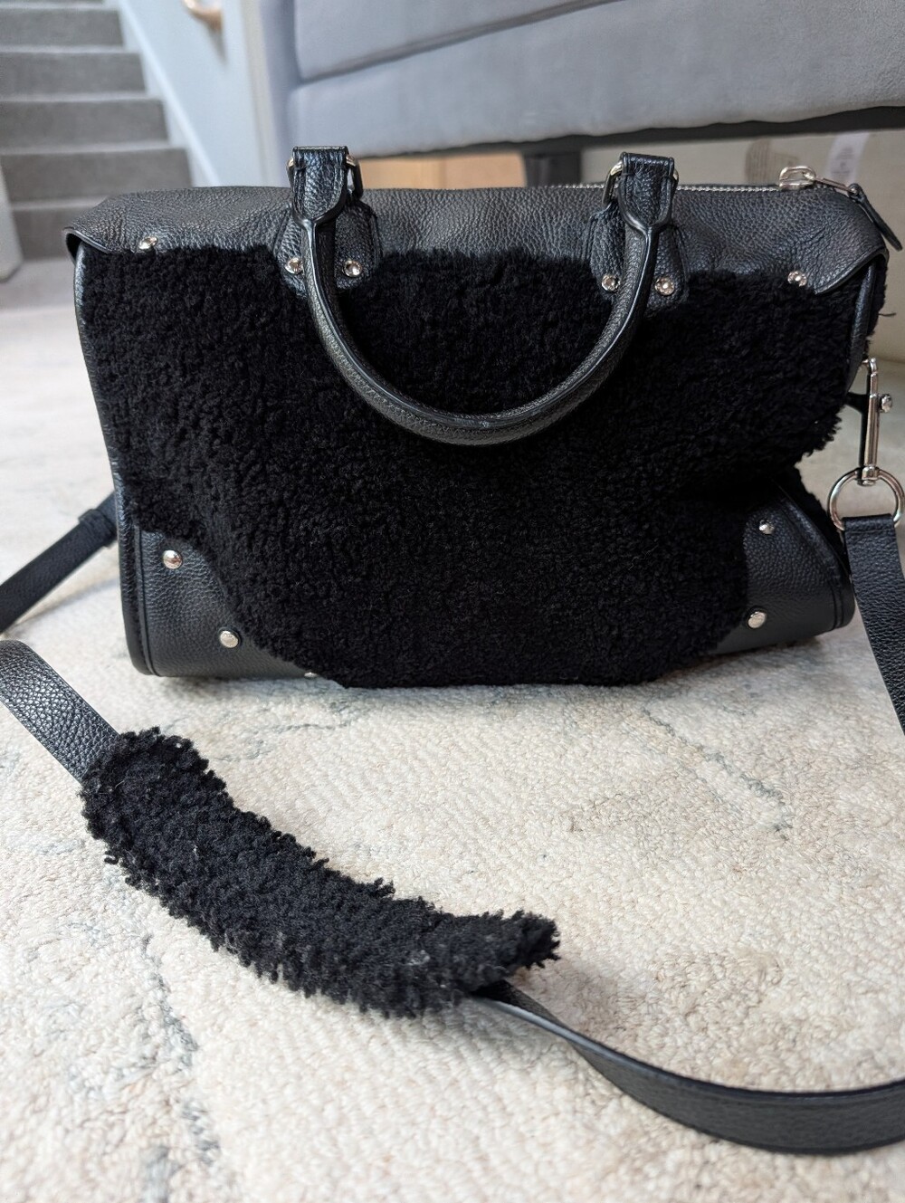 Coach Rhyder 30 Black Leather & Shearling Duffel Satchel - Picture 3 of 14